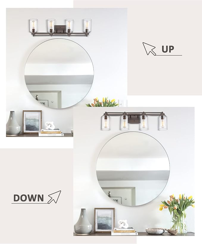 4-Light Bathroom Light Fixtures, HWH Farmhouse Vanity Wall Sconce in Oil-Rubbed Bronze Finish with Clear Glass Shade, 5HLT63B-4W ORB