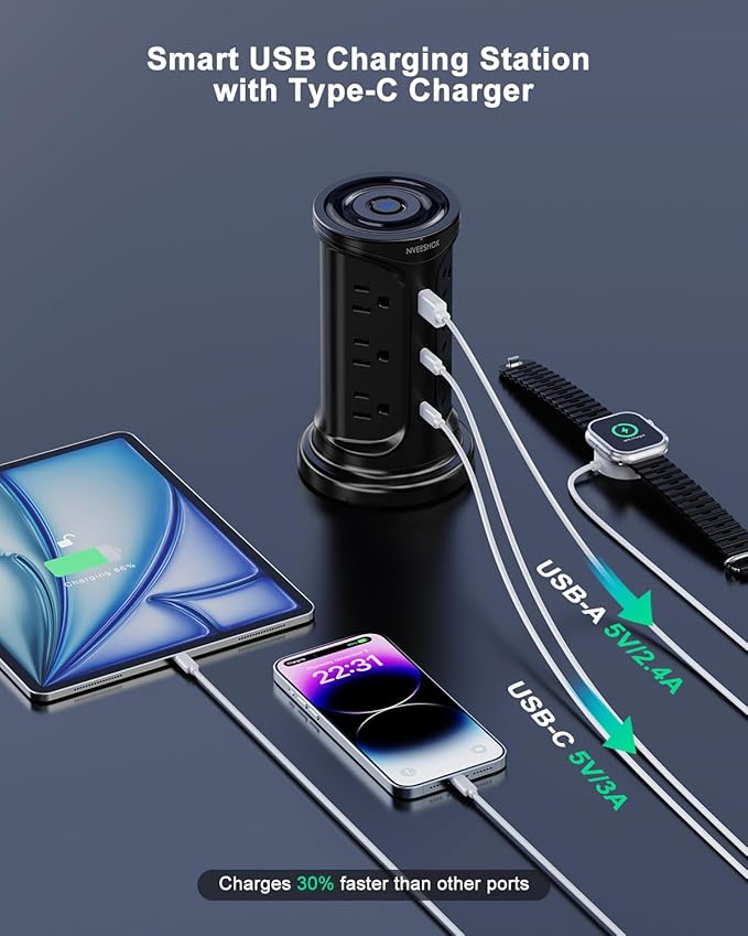 Tower Surge Protector Power Strip Flat Plug with 12 AC Outlets 3 USB Ports(2 Type C), 6.5 FT Ultra Flat Extension Cord with Multiple Outlets, Outlet Extender with Screw Wall Mount for Home Office Dorm