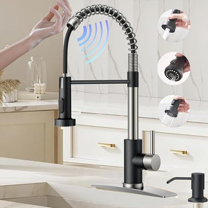 Smart Touch On Kitchen Faucet, 3 Modes Pull Down Sprayer, Sensor Activated, Ceramic Disc Valve, 360-Degree Rotation, 1 or 3 Hole Deck Plate. 10-Year Warranty. (KW-62NR, Brushed Nickel/Black)