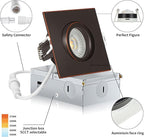 Square Bronze Recessed Lighting 3 Inch 6 Pack, Ajustable Eyeball recessed Light with Junction Box,5 Color Selectable,Airtight,9W 750LM,Dimmable,Bronze
