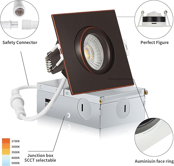 Square Bronze Recessed Lighting 3 Inch 6 Pack, Ajustable Eyeball recessed Light with Junction Box,5 Color Selectable,Airtight,9W 750LM,Dimmable,Bronze
