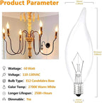 10-Pack E12 Base 60W B10 CTC Incandescent Clear Dimmable Light Bulbs Long-Lasting, Energy-Efficient, Transparent Candle Light Bulbs for Chandeliers, Ceiling Fans, Pendants, and Fireplaces