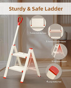 ASPERALD 2 Step Ladder with Single-Handrail,Foldable Step Stool with Anti-Slip Wide Pedals for Home Kitchen Closet,Lightweight Step Folding White