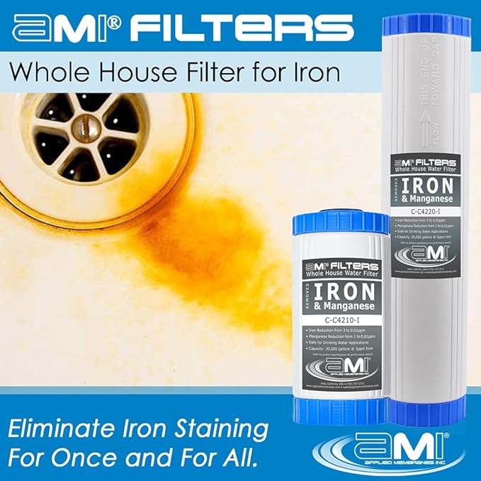 APPLIED MEMBRANES INC. Whole House Water Filter Replacement Filter Cartridge Set for Iron Reduction | 3 Stage 4.5” x 20” Sediment, Carbon, & Iron Filters | Fits 20-inch Big Blue Housings