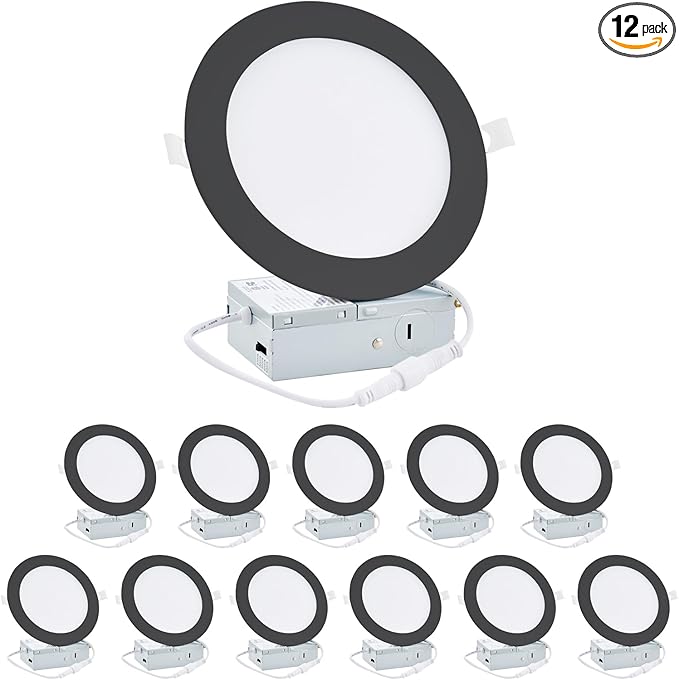 4 Inch 12 Pack 2700K-5000K Selectable, Ultra-Thin LED Recessed Ceiling Light with Junction Box, 750LM, Dimmable Canless Wafer Downlight, 9W, 120V, ETL FCC