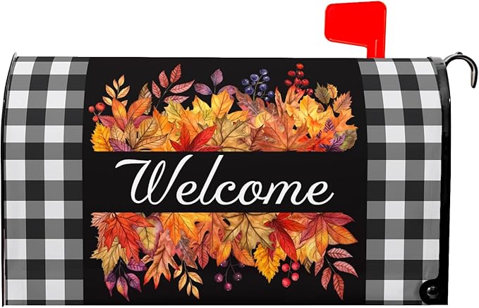 Fall Thanksgiving Maple Leaves Buffalo Plaid Mailbox Covers Magnetic Autumn Harvest Seasonal Holiday Welcome Post Letter Box Cover Standard Size 21x18 Inch for Garden Yard
