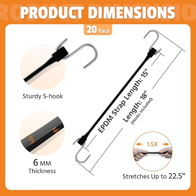 15" Rubber Bungee Cords with Hooks, 100% EPDM Bungee Cord with 150% Max Stretch, Heavy Duty Bungee Straps for Securing Tarps, Canvases, Cargo, Motorcycle, Weatherproof, Pack of 20