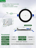 zouzai 1 Pack 6 Inch Black 5CCT Reset Ultra-Thin LED Recessed Ceiling Light with Junction Box, 2700K/3000K/3500K/4000K/5000K Selectable,12W,Dimmable- ETL and Energy Star Certified