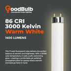 GoodBulb 17W 24 Inch T8 Fluorescent Light Bulb 3000K Warm White Medium Bi-Pin Base 1400 Lumens 86 CRI 36000 Life Hours Instant/Programmed Start 25 Pack