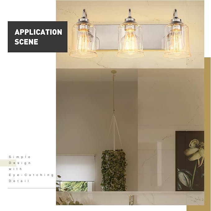 zeyu 3-Light Modern Vanity Lights for Bathroom, 20.5" Industrial Bathroom Lights Over Mirror with Clear Glass Shade, Chrome Finish, ZSL72B-3W CH