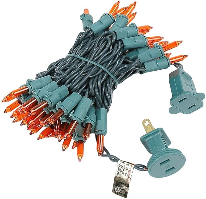 Novelty Lights 11 Feet 50 Bulbs Traditional Incandescent Mini Lights, Amber on Green Wire with 2.5" Spacing, Commercial Grade and UL Listed for Indoor/Outdoor Use, End-to-End Connectable
