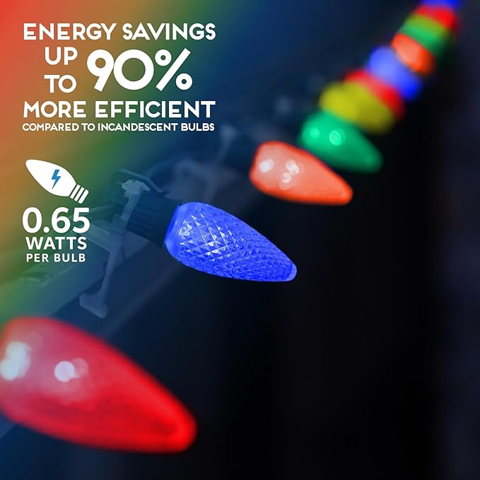 HLO Lighting Set of 25 Multicolor (Red Green Blue Yellow Orange) C9 Faceted LED Christmas Light Bulbs for Indoor & Outdoor Use | Durable Replacement Bulbs