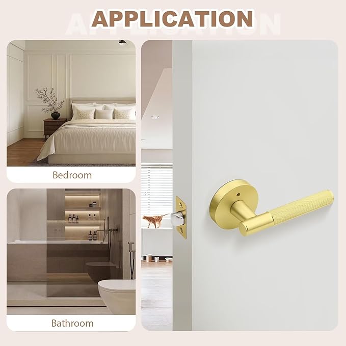 1 Pack Privacy Door Handle Brass, Gold Door Knob Interior with Lock, Keyless Knurled Door Lever for Bedroom or Bathroom, Reversible for Right & Left Side
