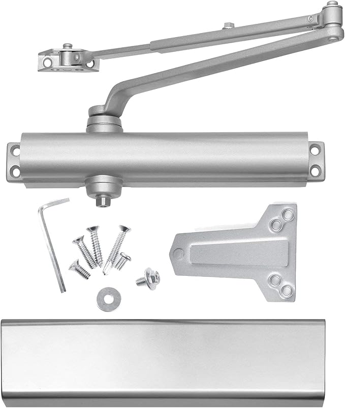 CLG HARDWARE Heavy Duty Commercial Door Closer DC8016 - Slim Line - Surface Mounted, Grade 1- ADA & UL 3 Hour Fire Rated, Adjustable Size 1-6 for Entrances & Aluminum Storefronts - US26D Aluminum