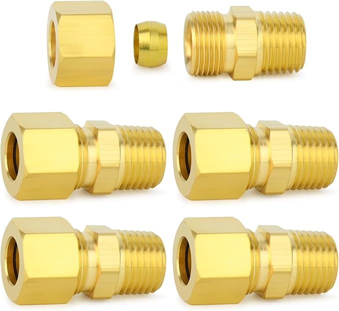 ChillWaves Brass Compression Tube Fitting, 1/2" OD x 1/4" NPT Male Compression Union Connector(5-PACK)