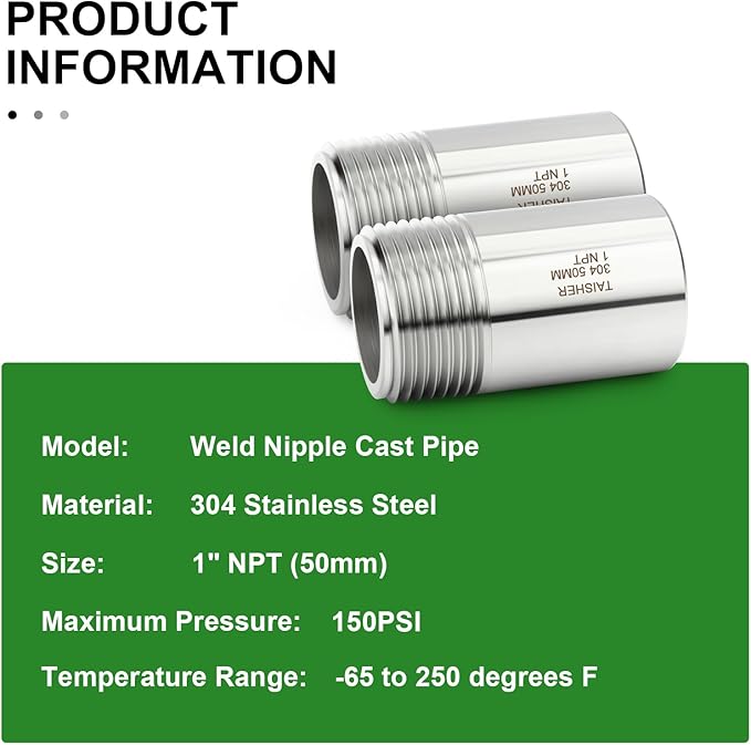 TAISHER 2PCS 304 Stainless Steel Pipe Fittings, 1" NPT Male Threaded, 2" Length Weld Nipple Cast Pipe
