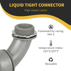 Conduit Connectors, 1-1/2 Inch Liquid Tight Connector NPT Non-Metallic for PVC Electrical Flexible Conduit Fittings, 90 Degree, UL Listed for Home Outdoor Tubes Tools, Grey (2-Pack)