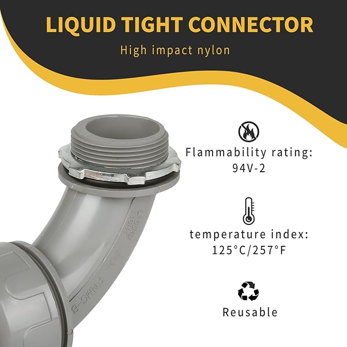 Conduit Connectors, 1-1/2 Inch Liquid Tight Connector NPT Non-Metallic for PVC Electrical Flexible Conduit Fittings, 90 Degree, UL Listed for Home Outdoor Tubes Tools, Grey (5-Pack)