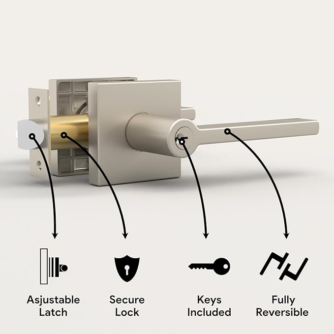 Mega Handles - Prime Entrance Handle, Entry Lever Door Handle, Heavy Duty Square Locking Lever Set for Left or Right-Handed Doors, Interior/Exterior Door Levers - Satin Nickel