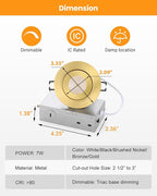 Gold Recessed Lighting Fixtures 3inch - 7W Canless CCT Selectable Gimbal Ceiling LED Recessed Lights,Dimmable Indoor Swivel Downlight for Accent Lighting,360° Adjustable 90° Tilt Spotlights 6Pack Gold