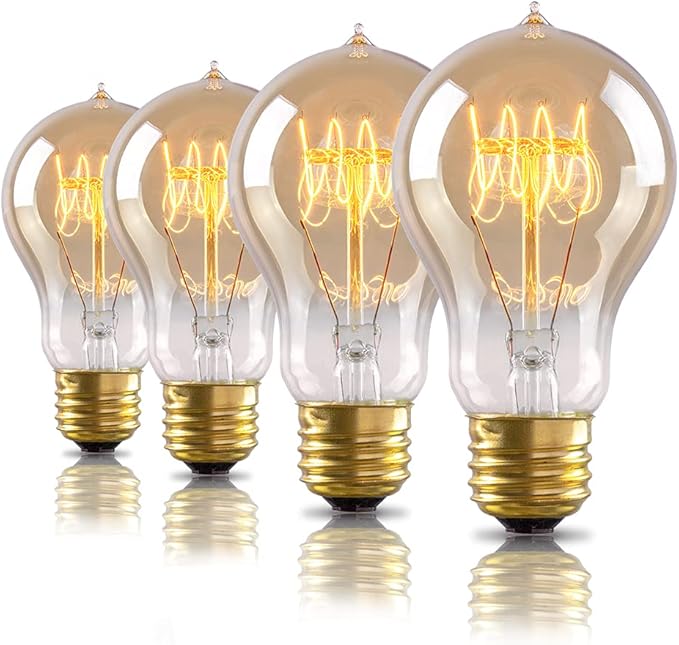 4-Pack Edison Light Bulb, 60 Watts, A19 Vintage Incandescent Light Bulbs, Dimmable Old Fashioned E26 Incandescent Light Bulbs, 240 Lumens, 2100K Warm White, Amber Glass