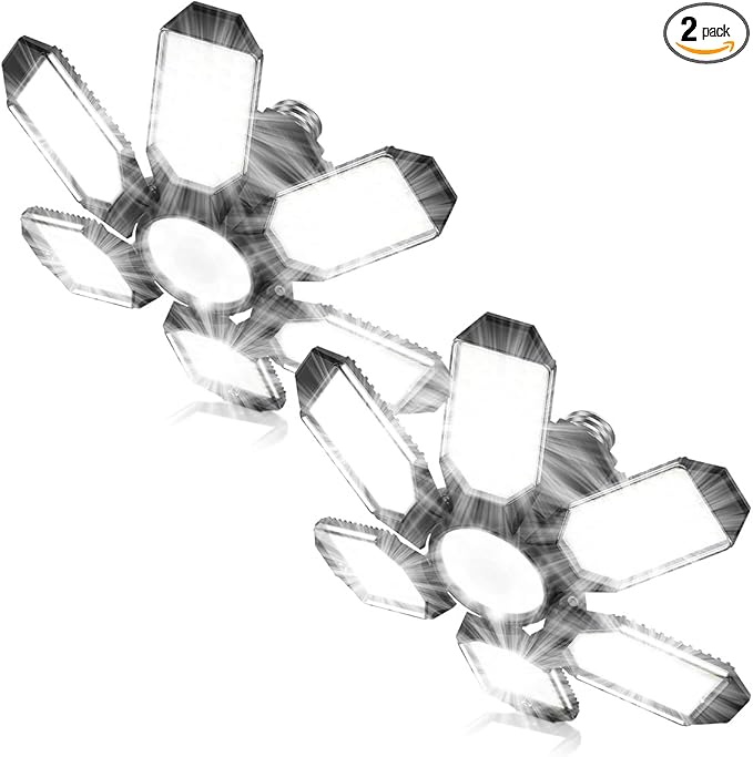 LED Garage Lights - 30000LM Super Brighter Garage Lighting w/ 6 Deformable Panels 6500K Led Shop Lights E26 Screw in Base for Basement Workshop Warehouse Attic - 2Pack