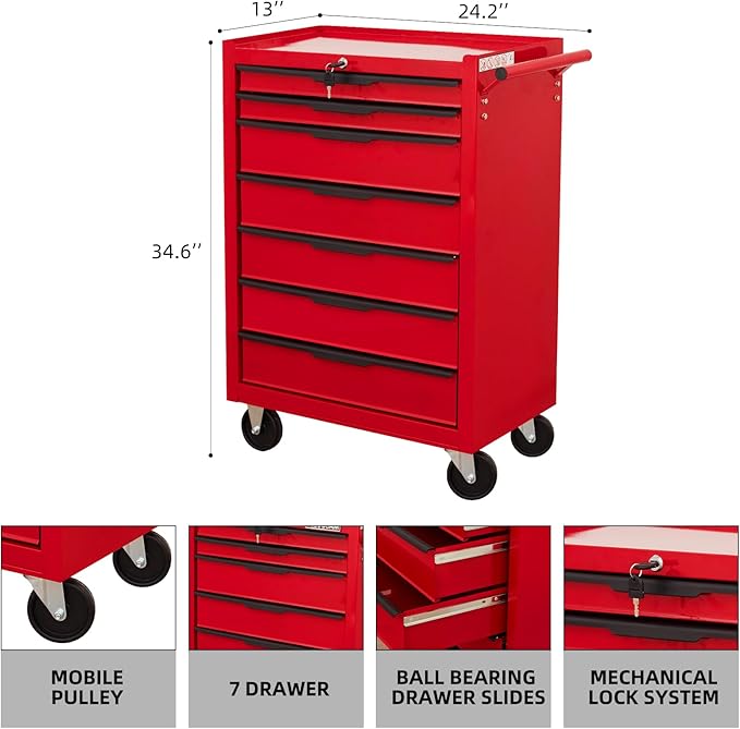 7-Drawer Rolling Tool Chest w/Drawers & Lock, Tool Storage Cabinet with Lockable Wheels, Top Cushion & Drawer Liners, Tool Organizer Box for Garage, Warehouse & Repair Sho