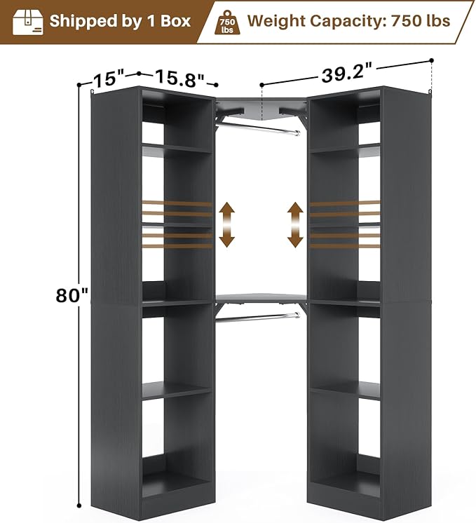 Corner Closet System with 12 Shelves, 39.2" Corner Closet Organizer System with 2 Hanging Rods, Versatile 6-Tier Walk-in Closets for Corner Space, Black (39.2" L x 39.2" W x 80" H)