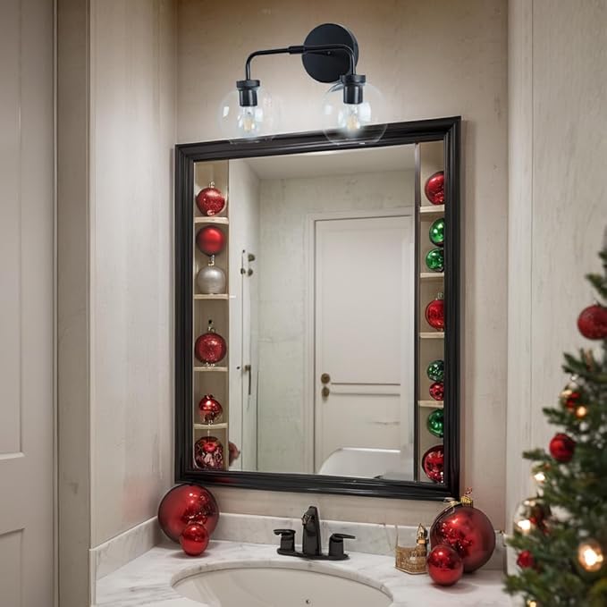 Globe Shade with Brass Accents Double Light Sconce, Chrome Bathroom Sconces, Indoor Sconce Wall Lights, 17.5" w x 10.5" d x 12.5" h (Matte-Black)