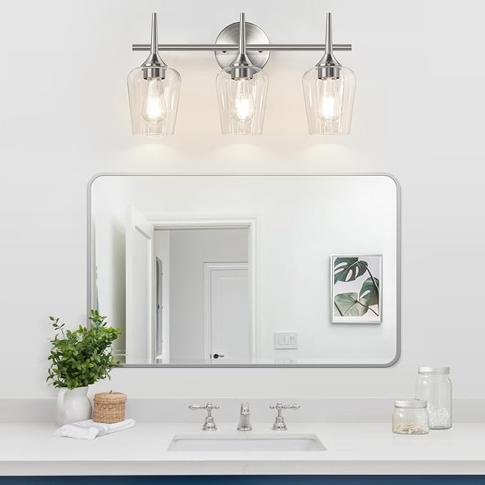 3-Light Bathroom Light Fixtures, 19.5 in Brushed Nickle Vanity Lights for Bathroom with Clear Glass, Bathroom Lighting Fixtures Over Mirror, Modern Wall lamp for Cabinet Hallway