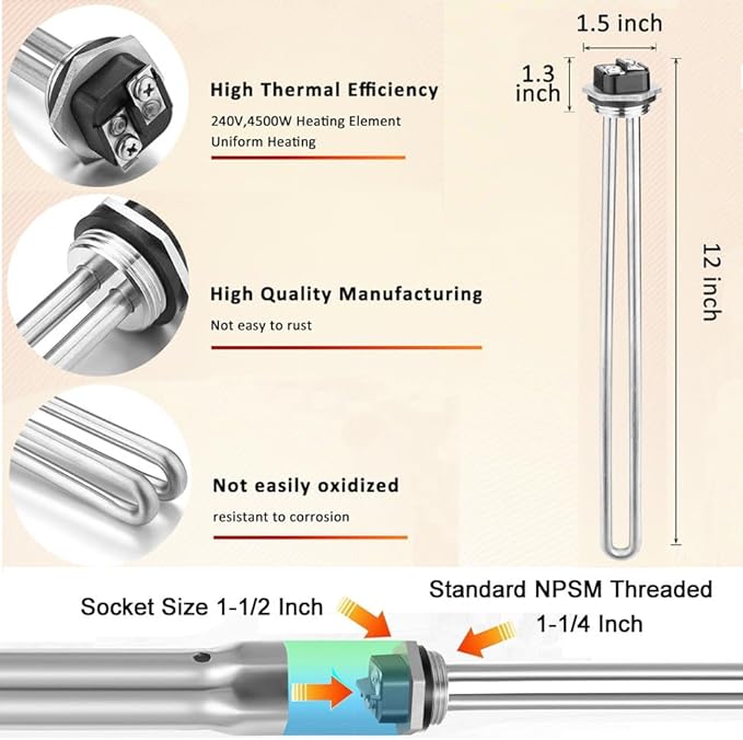 Mornajina 02582 Electric Water Heater Elements 4500W 240V, Hot Water Heater Replacement Parts Screw-in RV Hot Water Heater Fit Most Models, Straight Type