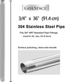 GeilSpace 3/4" x 36" Stainless Steel Pipe, 304 Pipe Nipple Fits Standard 3/4 Inch Threaded Pipes and Fittings, DIY Industrial Metal tube (2 PCS)
