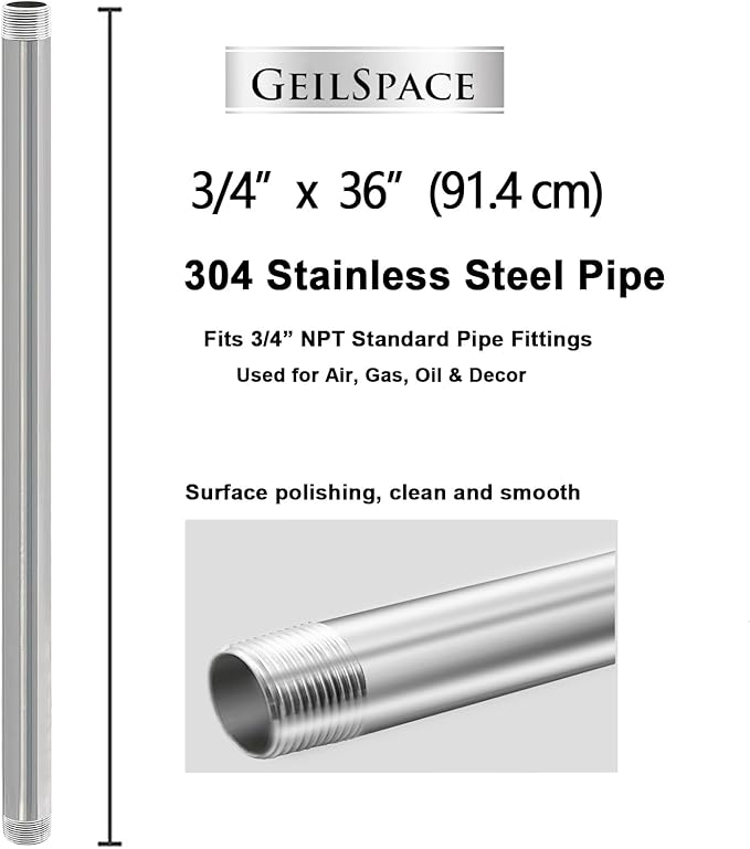 GeilSpace 3/4" x 36" Stainless Steel Pipe, 304 Pipe Nipple Fits Standard 3/4 Inch Threaded Pipes and Fittings, DIY Industrial Metal tube (2 PCS)