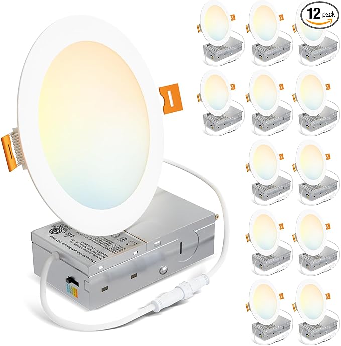 LVWIT 12 Pack Recessed Lighting 6 Inch with Junction Box, Ultra-Thin Dimmable 1200LM 2700K-5000K Wafer Downlight, Canless Smooth Trim LED Ceiling Light with ETL,FCC&IC
