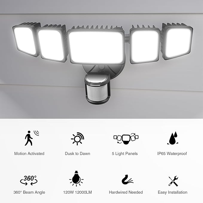 Onforu 120W 12000LM LED Security Lights Motion Sensor Outdoor, Dusk to Dawn Flood Lighting, 5 Heads 360° Wide Angle Illumination, 6500K IP65 Waterproof Hardwired Floodlight Motion Detection (Black)