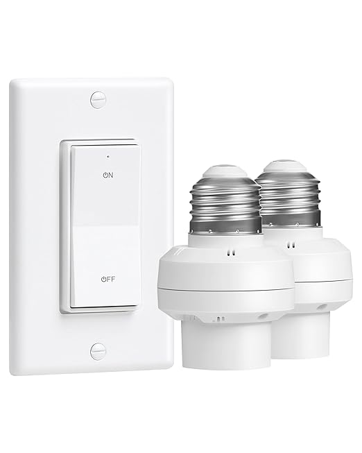 Remote Control Light Bulb Socket, Decorator Rocker Wall Switch, 200FT Range Wireless Light Switch for Pull Chain Light Fixture, E26 E27 Base, No Wiring Needed (1 Wall Switch and 2 Sockets)