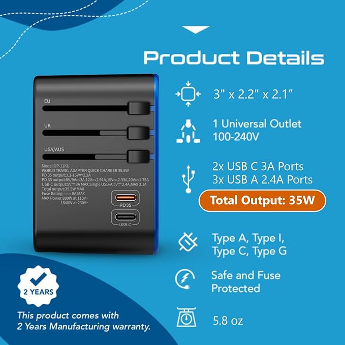 Ceptics Universal Travel Adapter, 35W International Power Adapter with PD & QC 3.0 Dual USB-C, 3 USB Travel Adapter Worldwide, Type I C G A Outlets 110V 220V A/C - EU Euro US UK (11-KU)