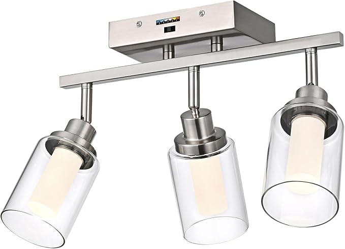 3-Light LED Dimmable Track Lighting Ceiling Fixtures, 5-Color Temperature Brushed Nickel Wall Lamp Spotlight with Integrated LED Chips & Clear Glass Shade & Frosted Column