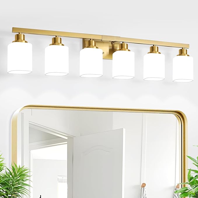 Brushed Gold Bathroom Vanity Light,6-Light Bathroom Light Fixtures with Square Frosted Glass,Gold Bathroom Wall Lamp Sconces for Mirror Bedroom,Living Room Hallway,E26