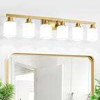 Brushed Gold Bathroom Vanity Light,6-Light Bathroom Light Fixtures with Square Frosted Glass,Gold Bathroom Wall Lamp Sconces for Mirror Bedroom,Living Room Hallway,E26