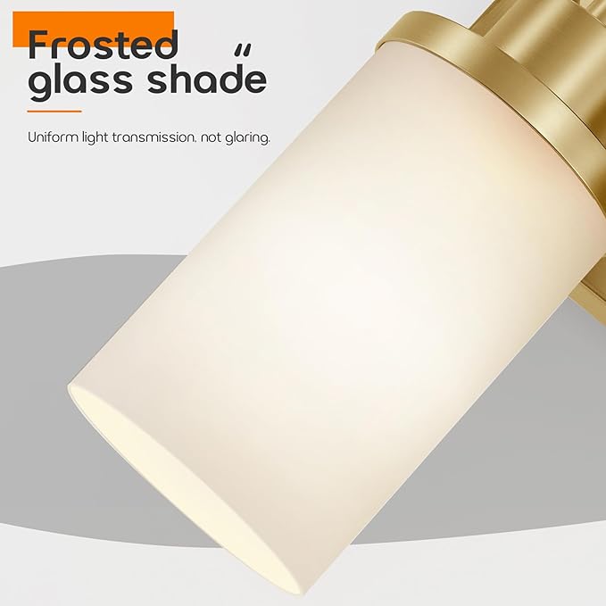 Bathrom Light Fixtures Modern Gold 3 Vanity Lights Over Mirror, Wall Lamps with White Frosted Glass Shade for Toilet Washroom Bath T001GD-L3