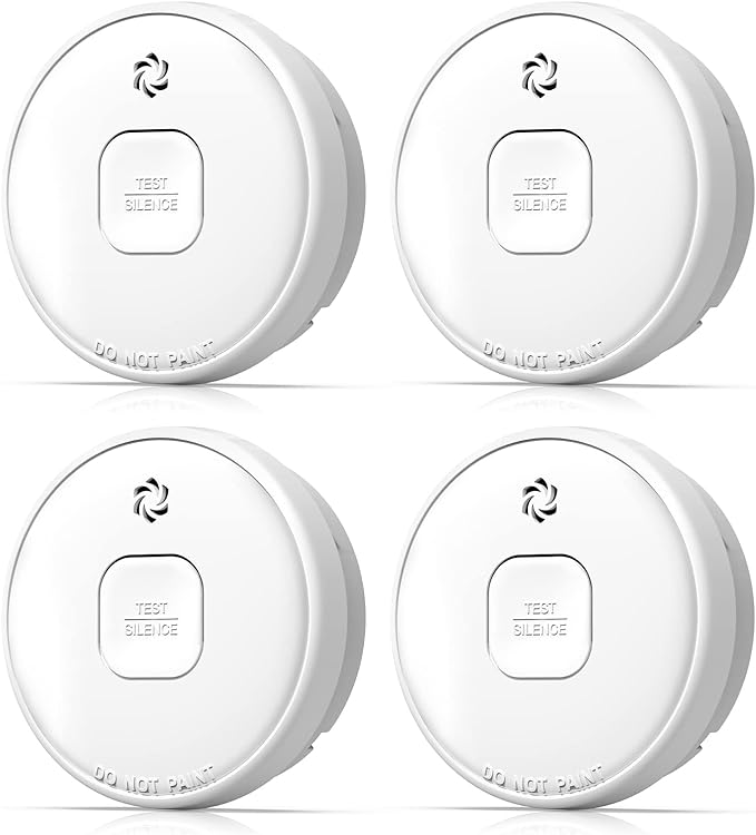 Smoke Detector, 10-Year Smoke Alarm with Photoelectric Sensor and Built-in 3V Lithum Battery, Fire Alarm with Test Button and Low Battery Warning, Fire Safety for Home, 4 Pack