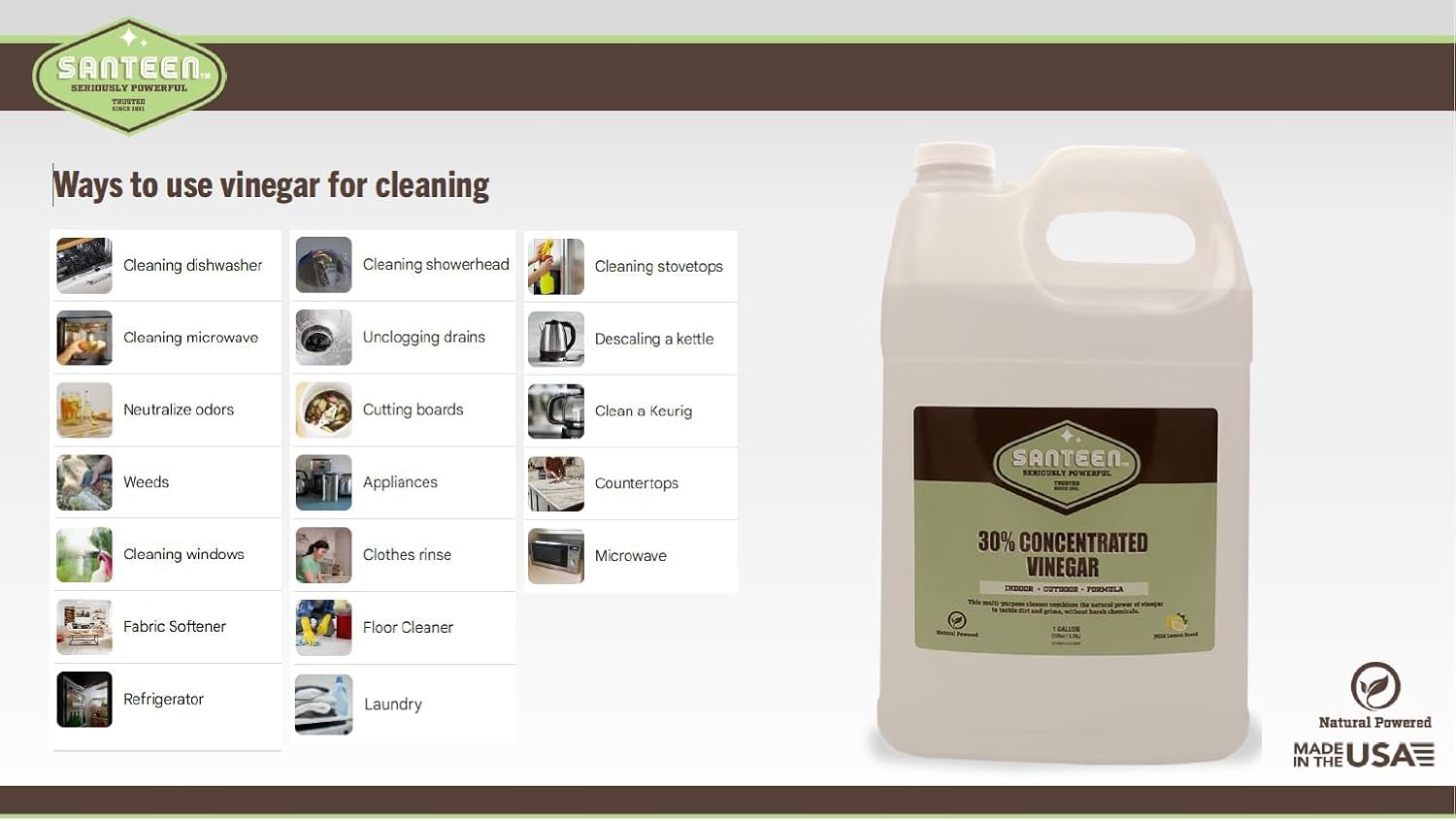 Santeen 30% Concentrated Cleaning Vinegar - 2X1 Gallon Jugs | Indoor & Outdoor | Extra-Strength