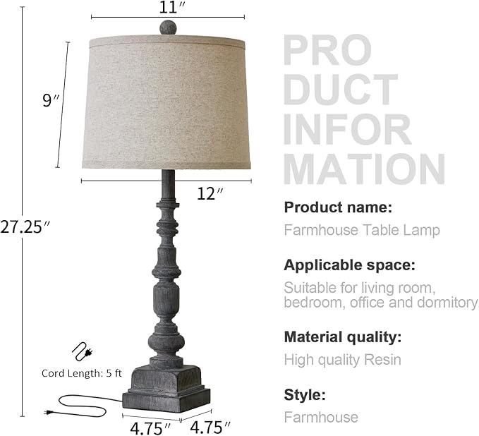 Oneach 27.75" Vintage Farmhouse USB A+C Table Lamps Set of 2 for Living Room Traditional Bedside Lamps for Bedroom Office Mid Century Table Lamp Antique Grey Accent Rustic Lamps for End Table
