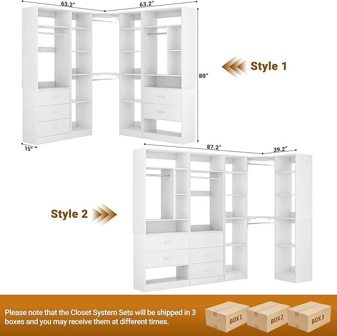 Corner Closet System with 5 Drawers, Closet Organizer System with 15+Shelvess & 4 Hanging Rods, 63.2"L * 63.2"W / 87.2"L * 39.2"W Reversible L Shaped Walk-in Closets, Load 2500+LBS, White