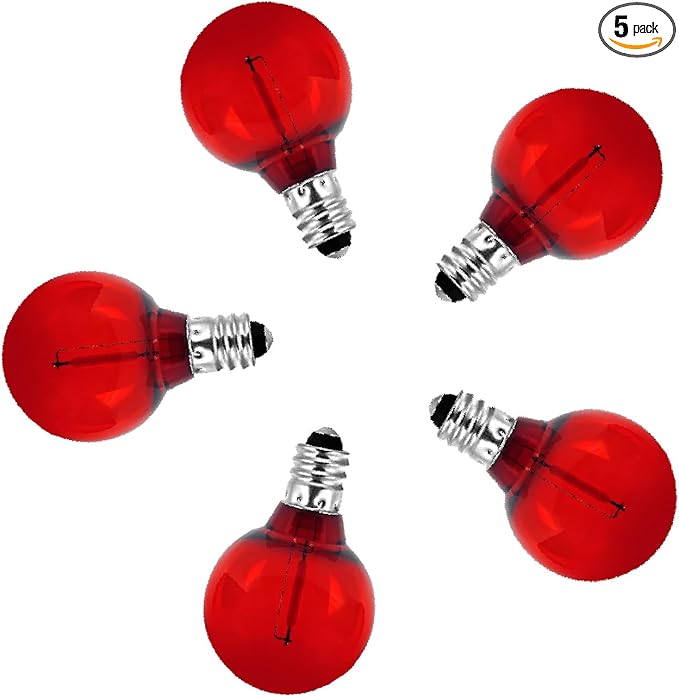 5 Pack G40 Red LED Replacement Christmas Light Bulbs,E12 Candelabra Base, Shatterproof Plastic, for Christmas Outdoor String Lights (5 PCS)