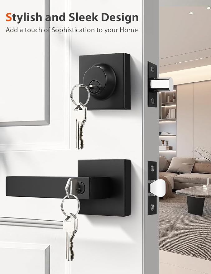 6 Pack Square Keyed Alike Front/Exterior Door Levers with Single Cylinder Deadbolt, Flat Black Entry Door Knob Lock Sets with Deadbolt Combination Sets, for Entrance/Front and Office Doors