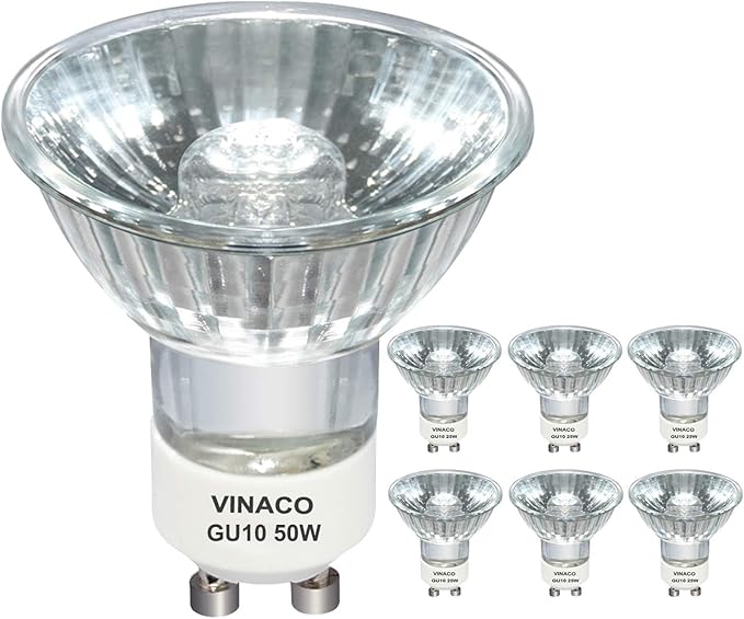 Vinaco GU10 Halogen 50W Bulbs, 6PCS GU10+C 120V 50W Halogen Light Bulbs, GU 10 Dimmable, Warm White, High Brightness MR16 with Glass Cover, Long Lifespan GU 10 50 W for Recessed Track Lighting
