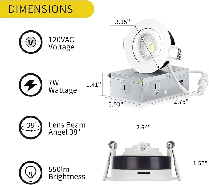 3 Inch Recessed Lighting 6 Pack, Ajustable Eyeball recessed Light with Junction Box,5 Color Selectable,Airtight,5W 550LM,Dimmable,White