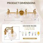 ANDY STAR Brass Vanity Light, Gold Bathroom Light Fixtures 4 Lights, 27.8 Inch Vintage Bathroom Sconces, Brushed Brass Vanity Lighting with Globe Clear Glass Shade, E26 Base (Bulbs Not Included)